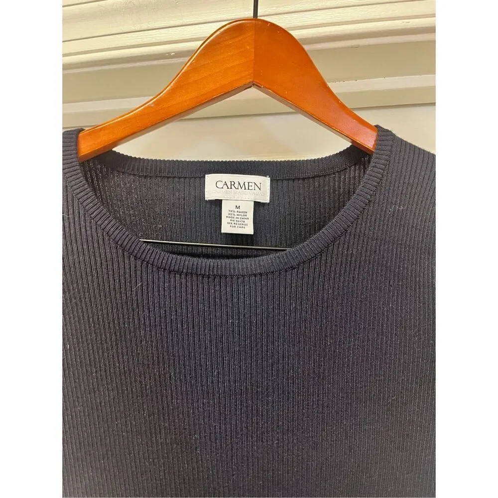 Carmen Marc Valvo Black Ribbed Short Sleeve Flutter Sleeve Sweater sz M EUC
